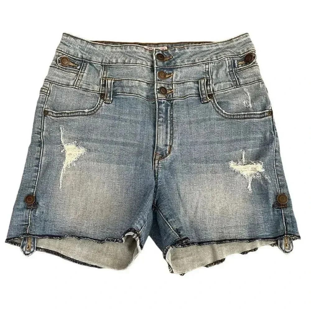 Eunina Blue Denim Cotton High Rise Front Button Closure Raw Hem Jeans L #1042